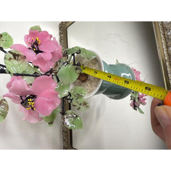 Beautiful Vintage Jade Glass Bonsai Tree Pink Flower Rose, Green Celadon Pot - Picture 8 of 10